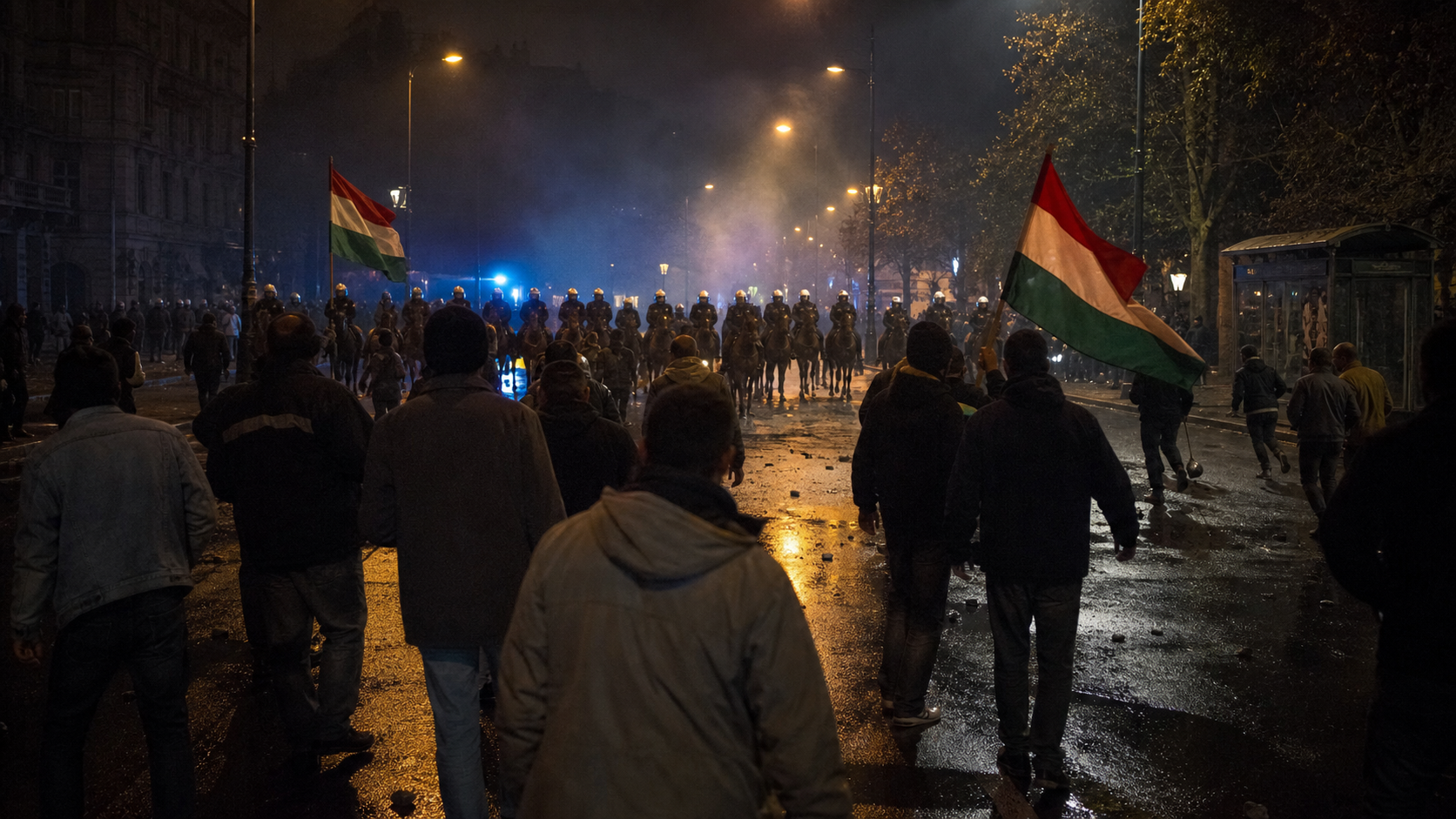 Tüntetők és lovasrendőrök egymással szemben egy budapesti sugárúton – történelmi illusztráció