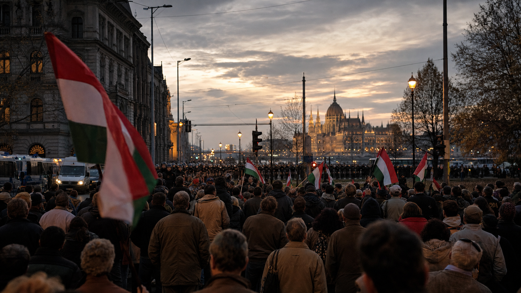Tüntetők magyar zászlókkal a Parlament közelében, alkonyatkor – történelmi illusztráció
